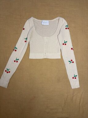 Blush Boutique Knit Cherry Embroidered Cream Crop Cardigan
